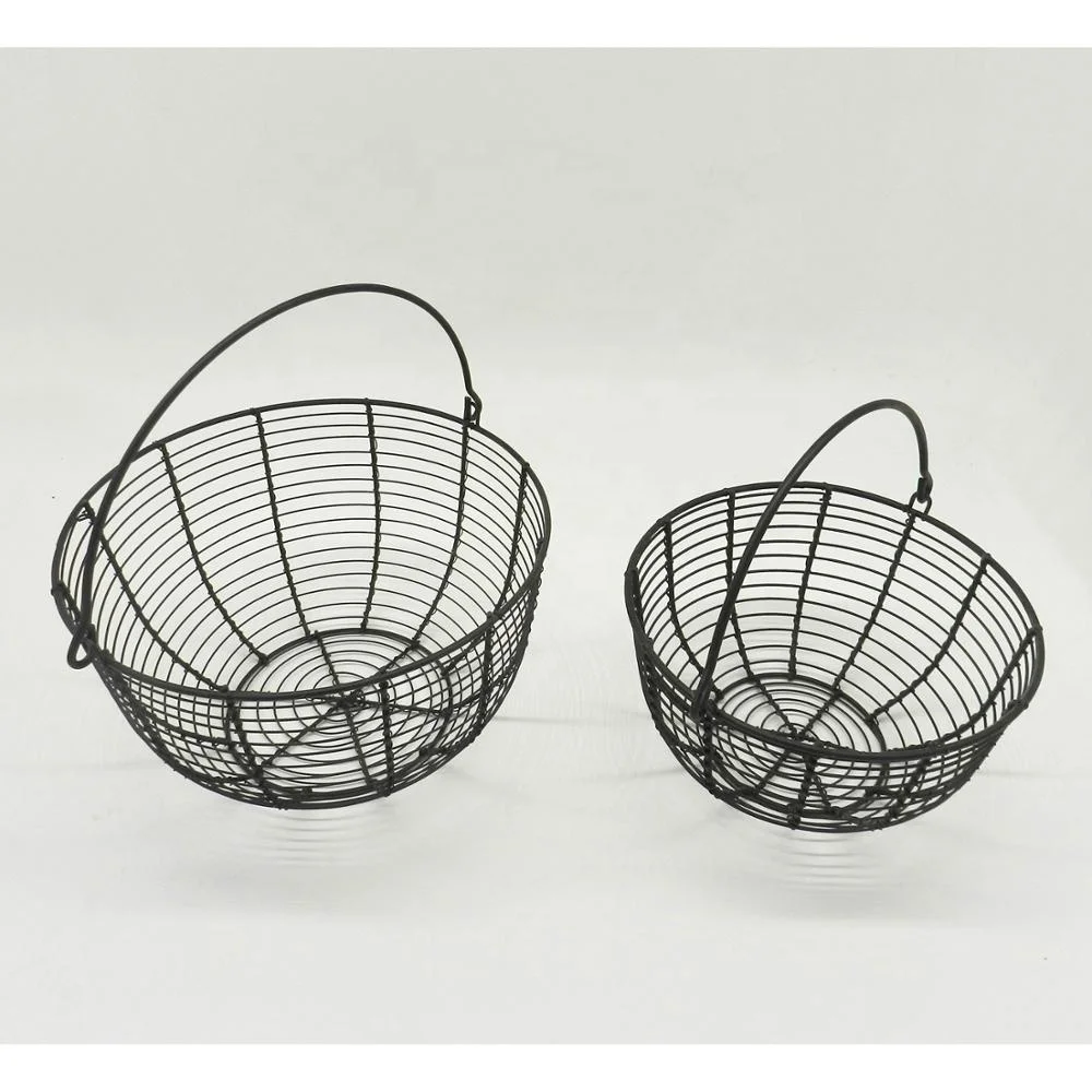 Round Metal Wire Egg Baskets Wire Fruit Baskets with Handle Country Vintage Style Storage Baskets. Matt Black, Set of 2