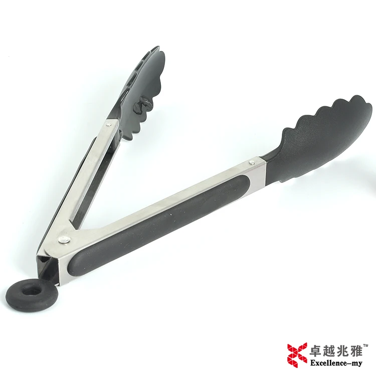 9 Inch 289 food grade Nylon tweezer shaped Stainless Steel Material kitchen utensils Nylon Head Tongs