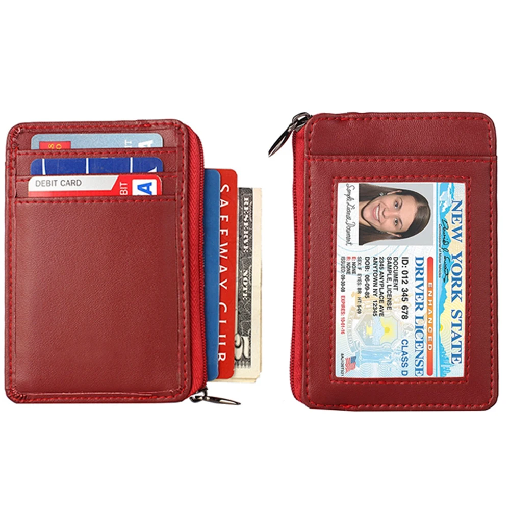RFID Blocking Sleeves Front Pocket Leather Wallet for Women and Men Mini Card Holder with Zipper and ID Window Genuine Leather