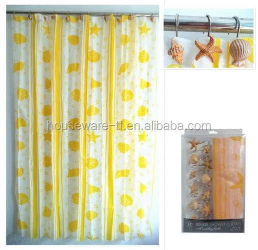 Plastic Shower Curtain with Hooks Set of 13 Hot Sale Ocean Design PEVA Shower Curtain  with Resin Hooks Set of 13