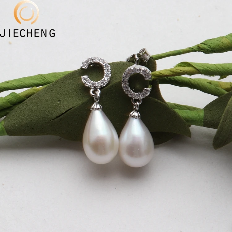 Fashion designs 10mm pearl earring zircon freshwater pearl dangle drop stud earrings for women