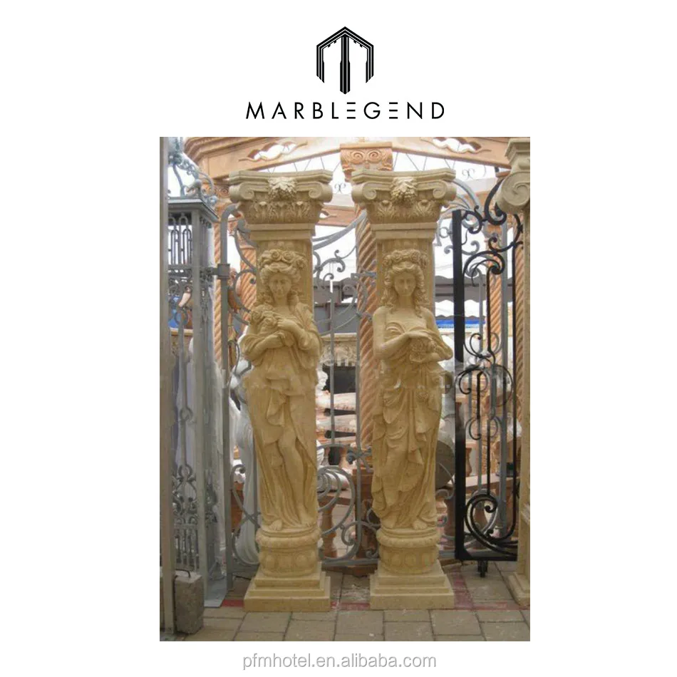 Outdoor decoration marble stone column with designed carving statues