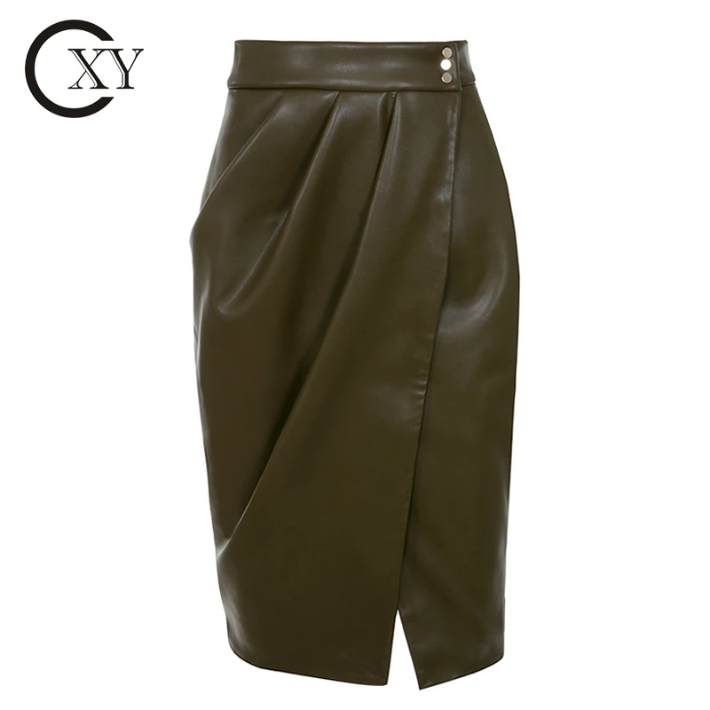 Custom ladies skirts stylish brown pu skirts knee length leather skirts