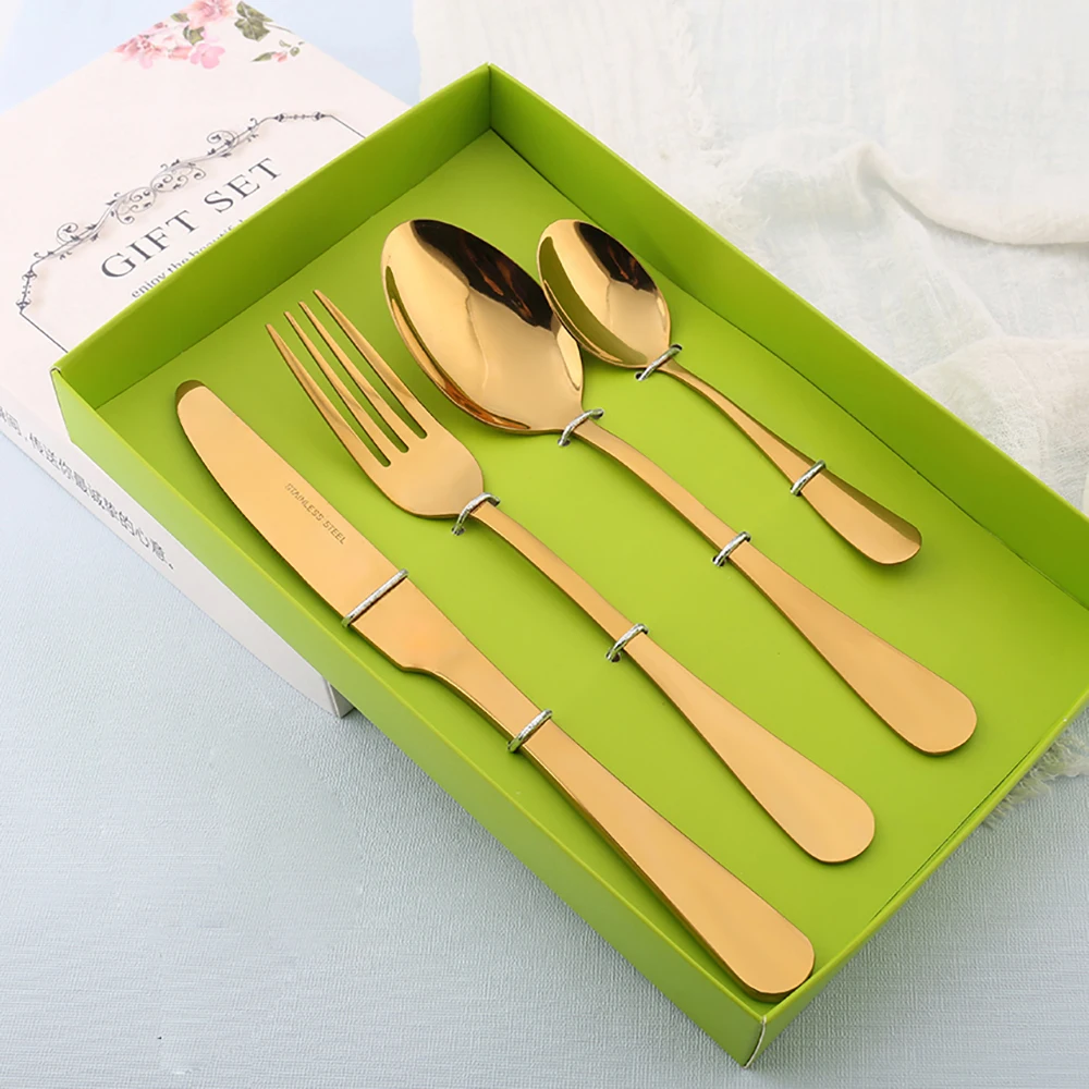 
Knife and fork spoon black handle rose gold spoons stainless steel tableware 