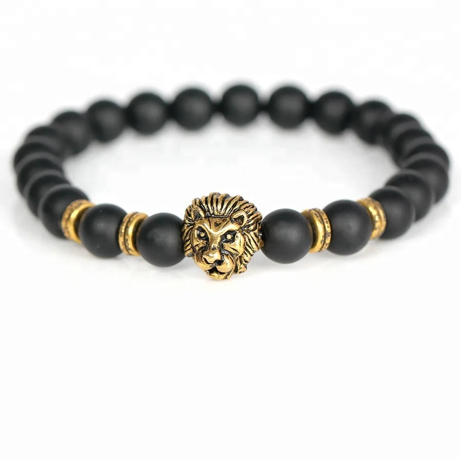 New Arrival ! Cubic Zircon Micro Lion Head Charms Bracelet ,Women Men Natural Lava Stone Matte Agate Bead Handmade Bracelet