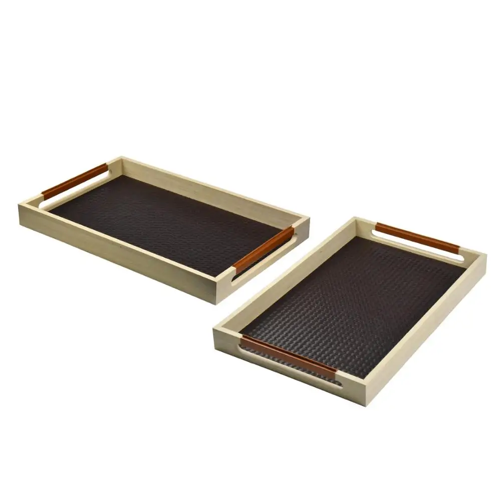 Hotel Leather  Wood Serving Tray with Handle