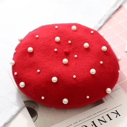 ladies winter wool felt beret cap with pearl
