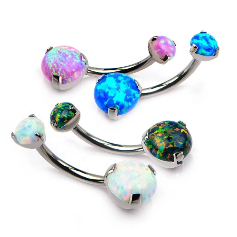 G23 ASMT F136 Titanium 14G 16G Internally Thread Double Opal 3-Prong Teardrop Navel Curve Piercing Jewelry