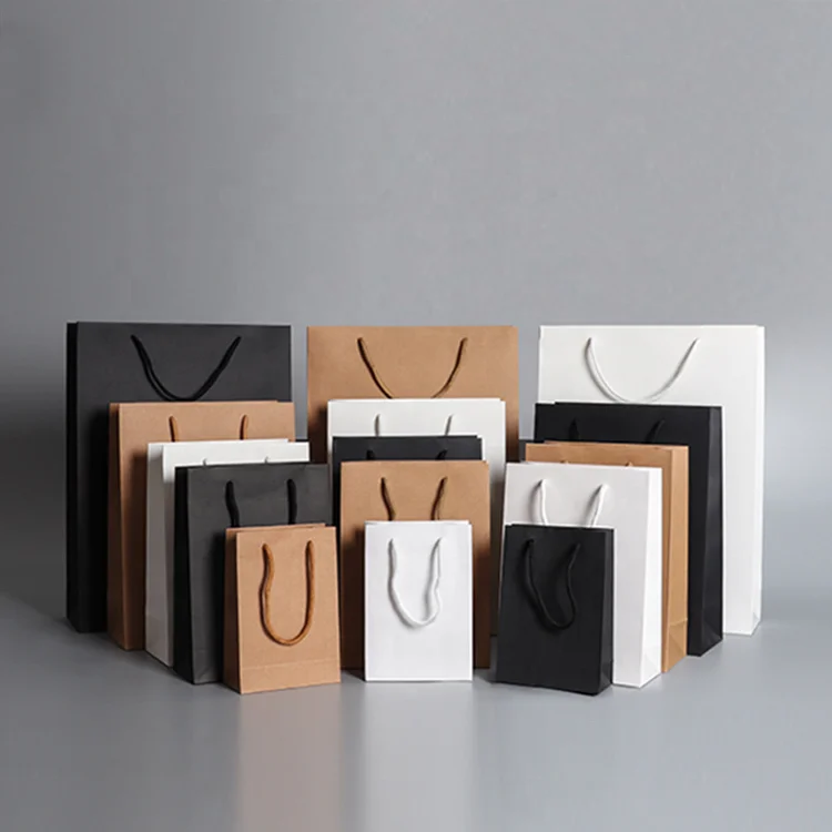 Wholesale custom logo design luxury black white brown cardboard paper bag with cotton Ribbon rope handle