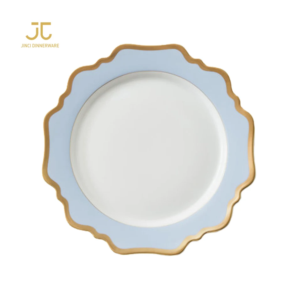 
Blue White Porcelain Gold Rim Customized Print Dinner Sets Plates For Restaurant 
