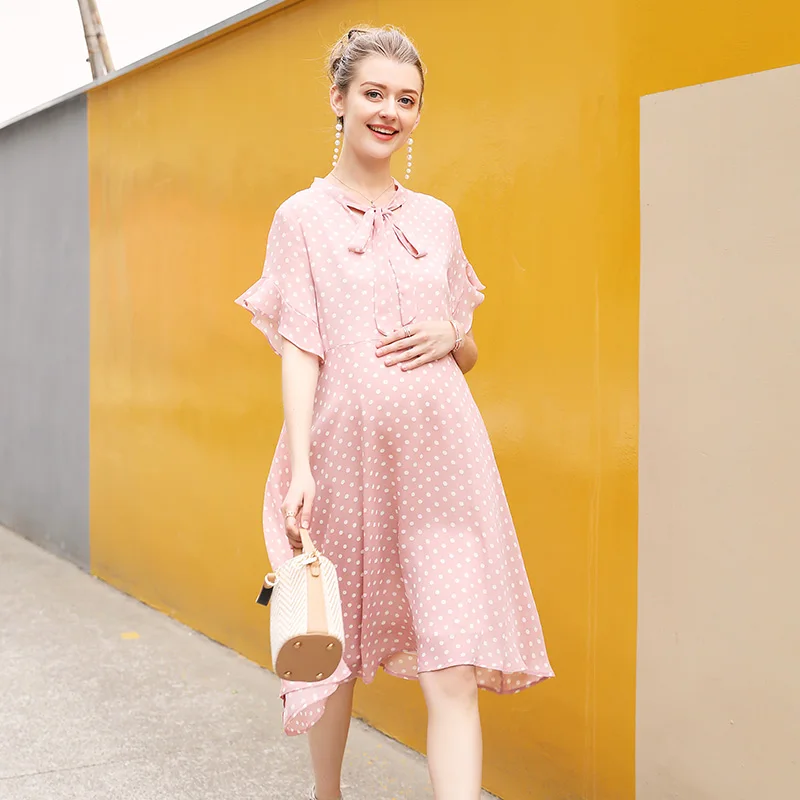 
Women High Quality 100%Polyester Chiffon Polka-Dot Printed Fashion Maternity Dress 
