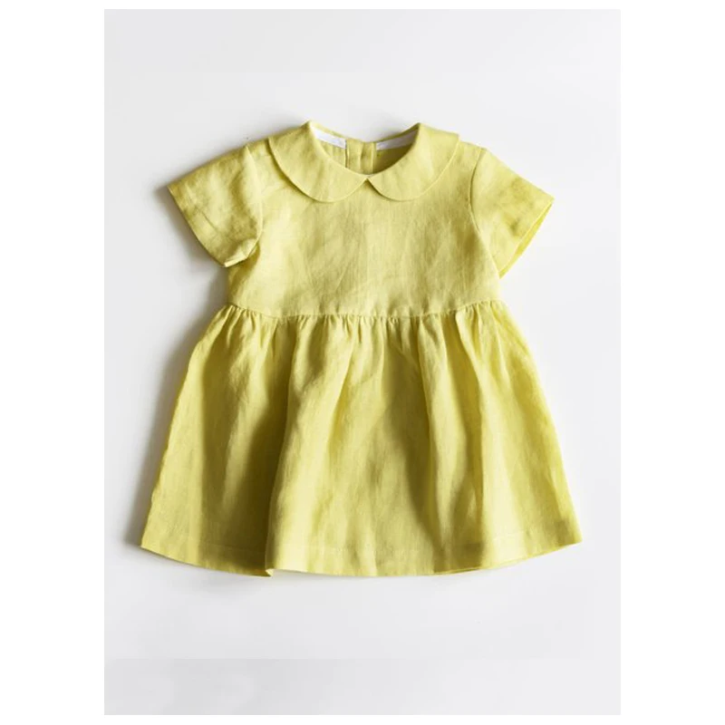 
Classic baby girl linen cotton dress short sleeves yellow little girl outfits plain peter pan collar ruffle fancy baby frocks de 