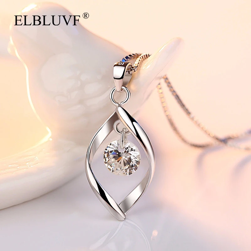 
ELBLUVF Free Shipping Copper 925 Sterling Silver Plated New Women Design Jewelry Zircon Wave Pendant Necklace 
