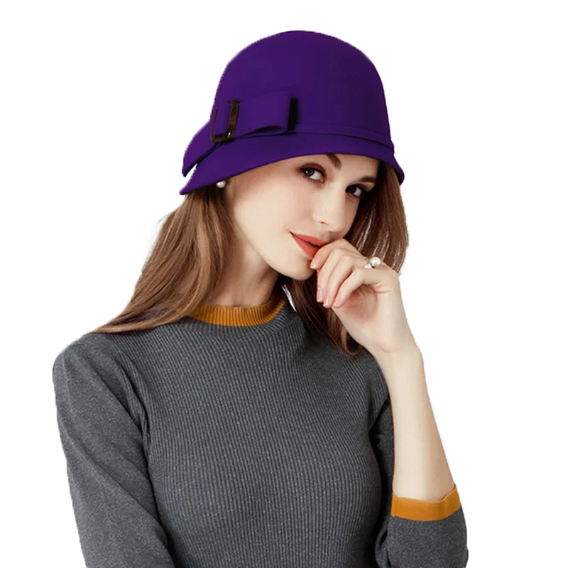2019 Vintage Black Yellow Blue Bowler Wool Felt Cloche Hat With Bowknot Wide Brim Fedoras Ladies Floppy Derby Hats Cap Wholesale