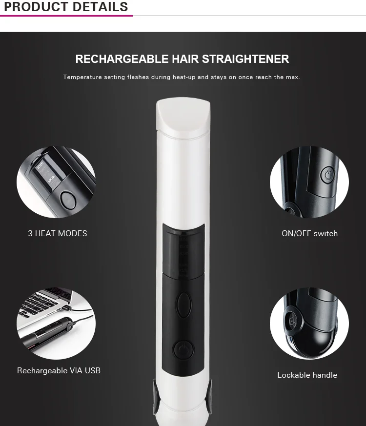 PRITECH Compact Size Rechargeable Wireless Flat Iron Hair Straightener With USB Charging Cable