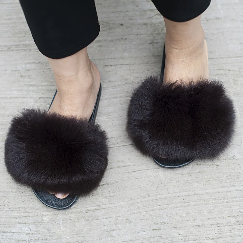 CX-A-70B Factory Wholesale Long Hair and Soft Real Fox Fur Slides for Women