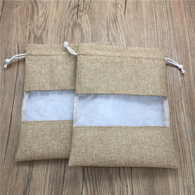 Пустая шикарная Джутовая сумка на шнурке с прозрачным окошком из органзы, видимые джутовые мешки, упаковочные мешочки для ювелирных изделий и аксессуаров