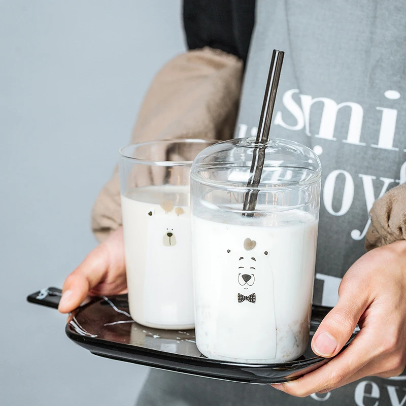 Стеклянная чашка для чая с молоком индивидуального размера многоразовая и экологически чистая крышкой фруктового из соломы сока кофе напитков
