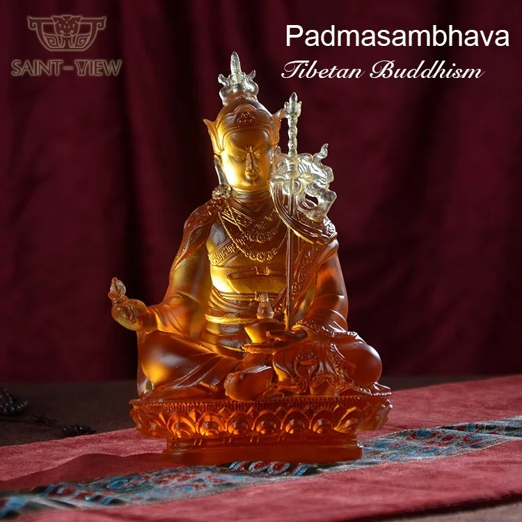 Majestic Colored Glass Liuli Vajrayana Buddha Statue Padmasambhava Sculpture H12cm