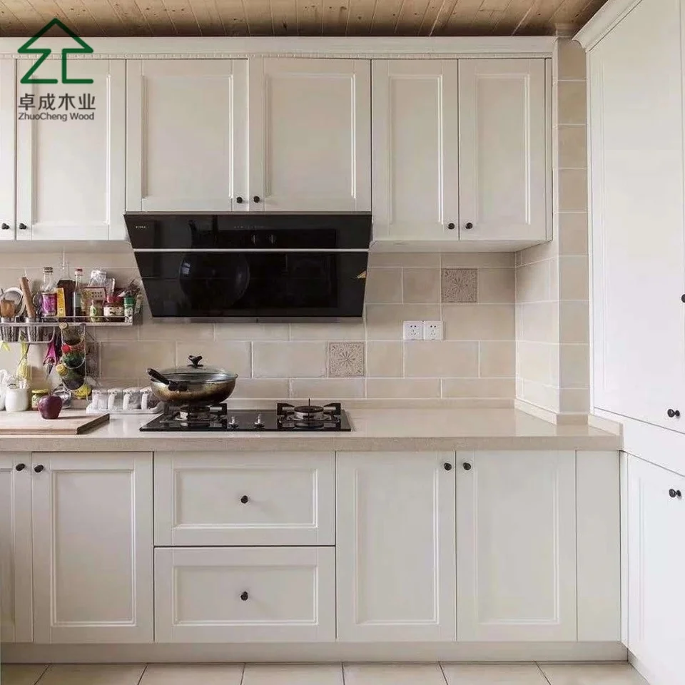 Rustic Ghana L MDF PVC vacuum forming kitchen cabinet with central range hood