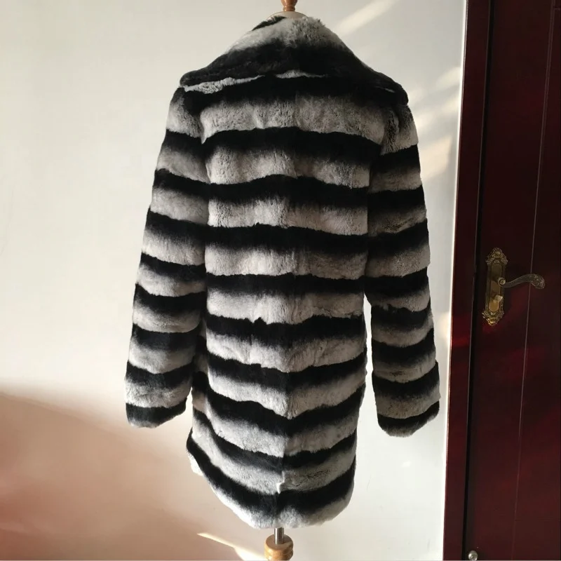 2019 Long Sleeves Stripe Standing Collar Chinchilla Rex Rabbit Fur Coat