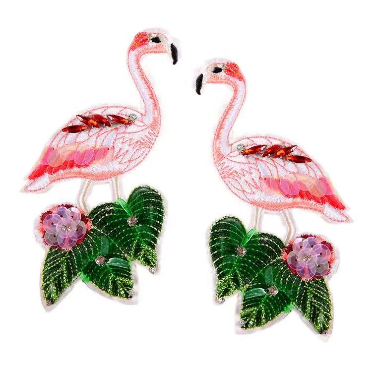 Decorative clothing patch  Hand Beaded Flamingo patches  Sequin bird patches