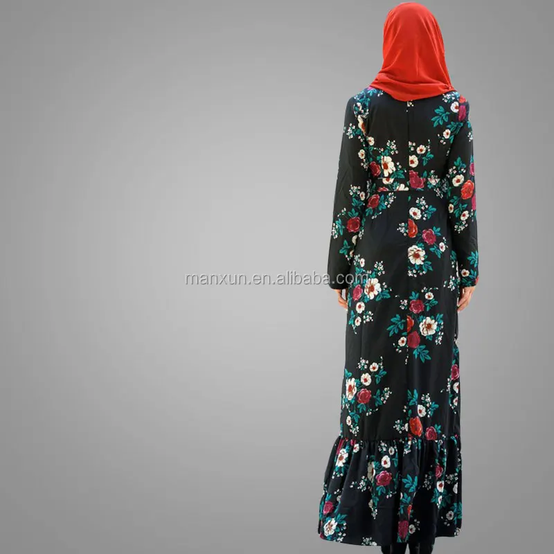 New Fashionable Women Ethnic Gender And Middle East Region Abaya Islamic Jilbab Floral Printing Ruffle Long Sleeve Maxi Dress