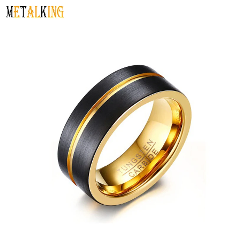 
Gold and Black Tungsten Wedding Band Two Tone Grooved Flat Brushed Finished 8mm Comfort Fit 