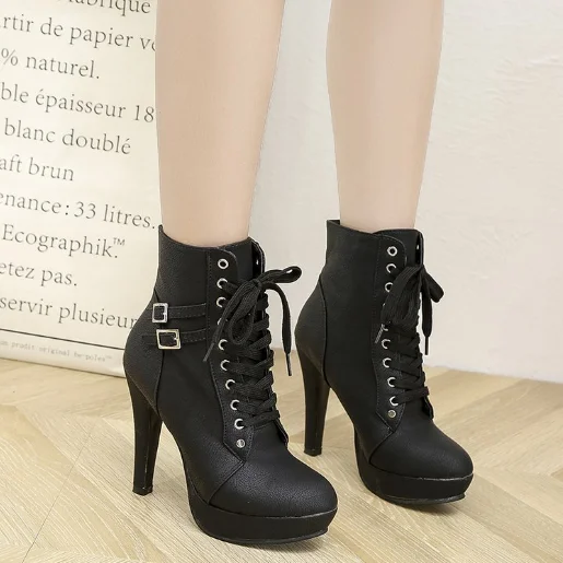 Round toe lace up ankle buckle women boots chunky high heel platform women shoes