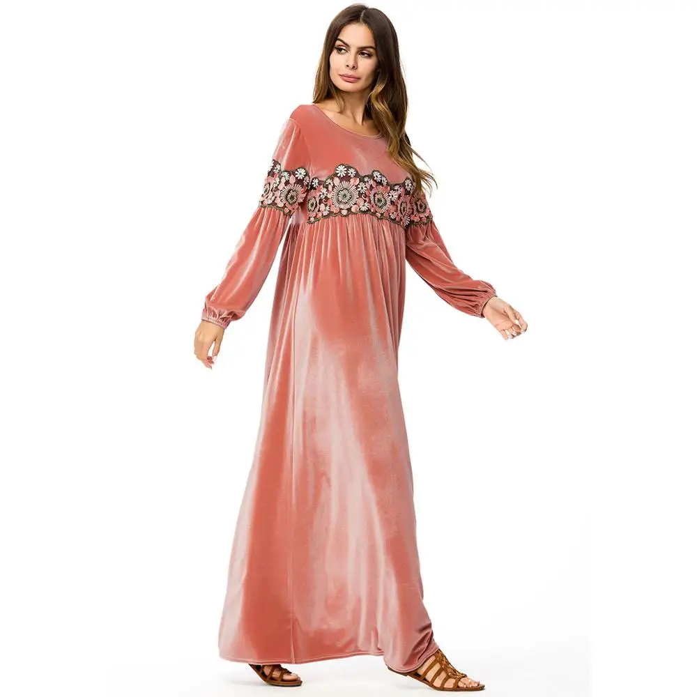 
Hot Sale Plus Size Floral Patchwork Velvet Robe Abaya Muslim Dress For Women 