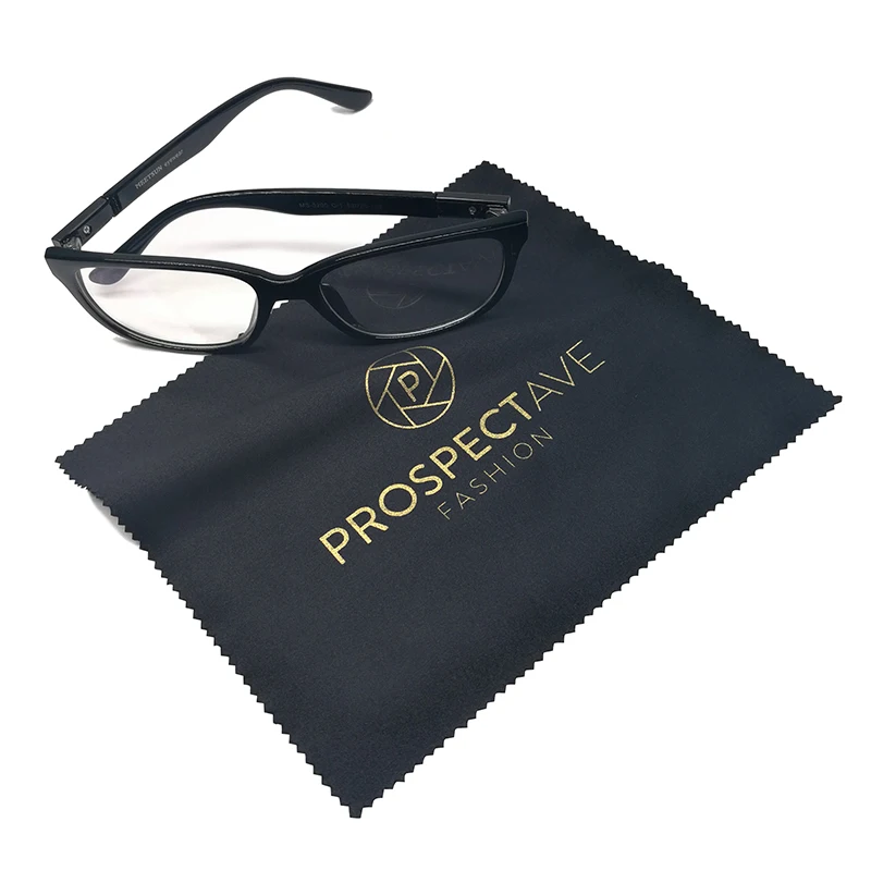 Microfiber black eyeglasses lens cleaning cloth with custom gold stamped logo