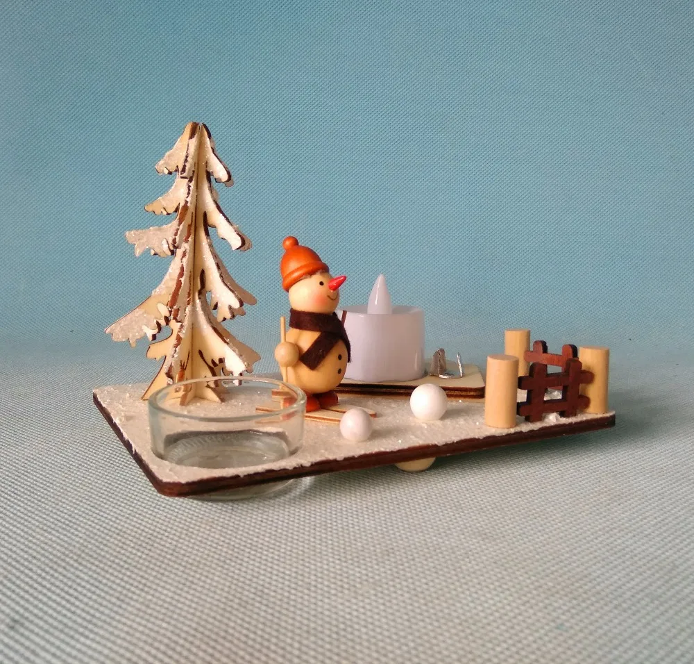 Wooden ski snowman German Christmas incense smoker village house with led light for one tea candle