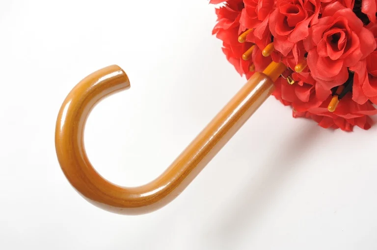 Red Rose Flowers Edge Straight Wooden Umbrella For Woman