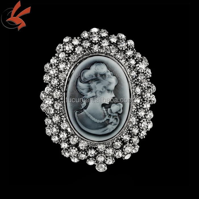 Vintage Style Cameo Lady Brooch Gold Crystals Gold Tone Broach