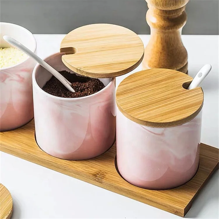 Fancy luxury style wholesale kitchen empty ceramic spice containers marble wooden lid spice jar with bamboo stand