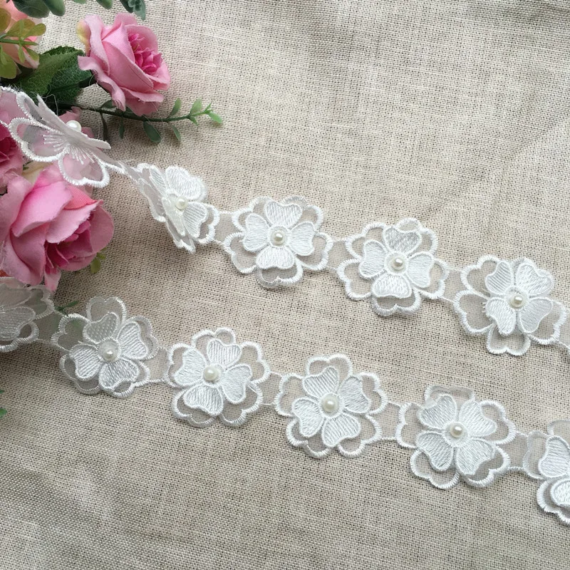 Wholesale beaded flower wedding accessories diy decorative Pearl flower embroidery water soluble lace trim