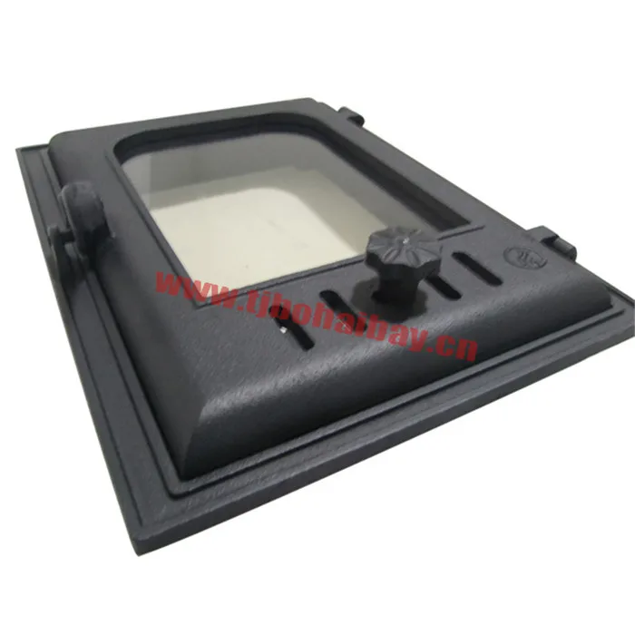 Cast iron stove door with high temperature resistant glass