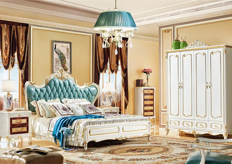 European style Bed Velvet Tufted Headboard Wooden Classic King Bed