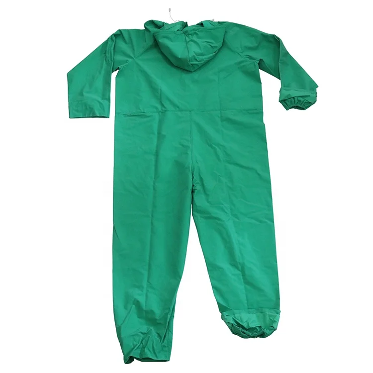Flame retardant oil chemical resistant 100% waterproof custom logo one piece hooded green pvc raincoats