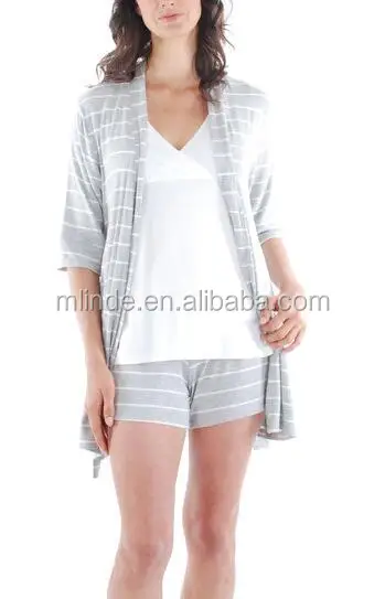 fat women Family nightwear 95% rayon / 5% spandex Gray Stripe 5-Piece Mommy & Me Nursing Set