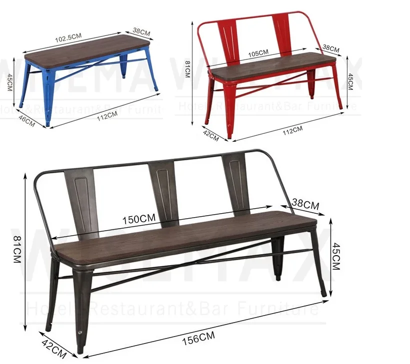 2 Seater Backrest Natural Pinewood Top Metal Frame Patio Garden Kitchen Dining Bench Chair
