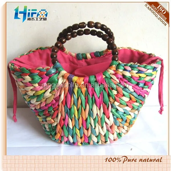 Handmade Paper Straw Bag Colorful Woven Bag With Round Handle