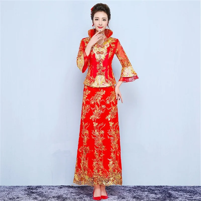 fashion Chinese ladies vintage bridal party sequin embroidered peacock Tang wedding cheongsam qipao dress