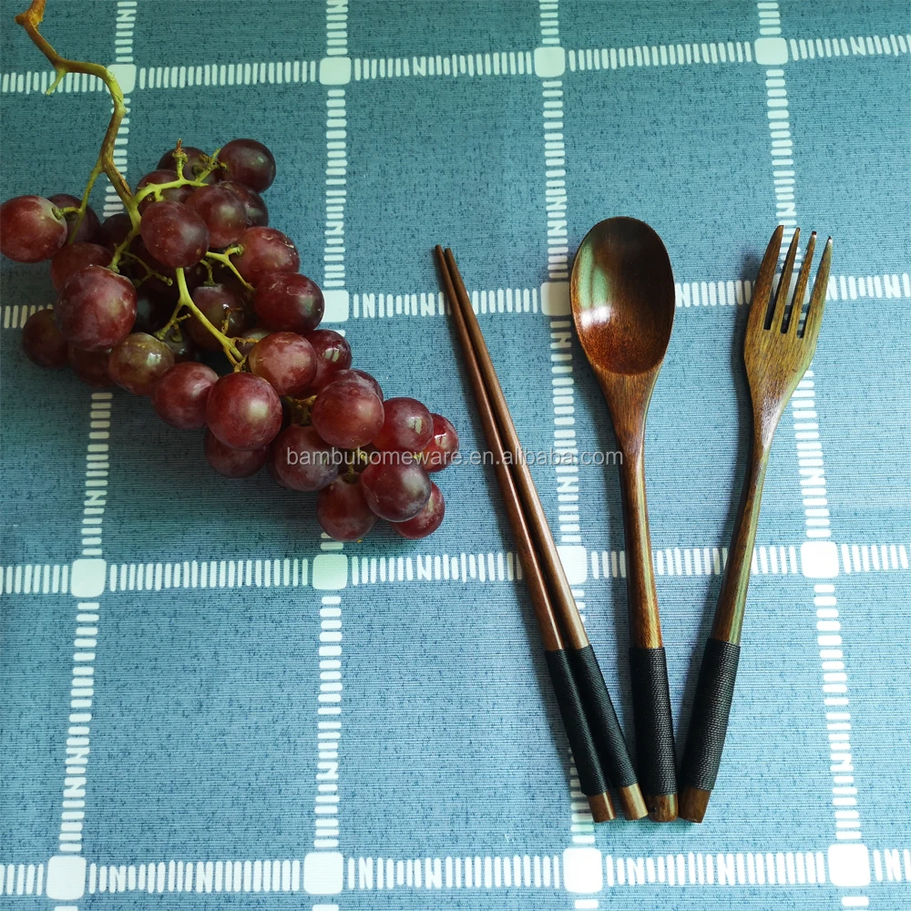 Handmade Japanese Style Wooden Kids Soup Spoons Natural Wood Rice Serving Tableware Flatware Set with Tied Line on Handle