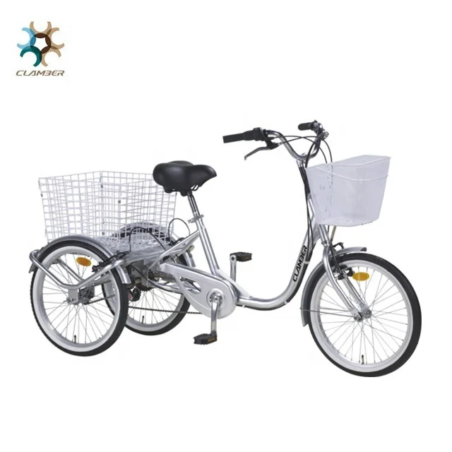 7-Speed Adult Tricycle with Rear Basket 20-Inch Wheel Open Body Rickshaw and Motorized Driving Type for Cargo Transportation