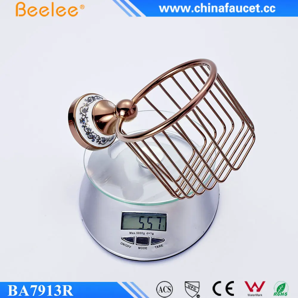 
Beelee BL7913R Solid Brass Rose Gold Toilet Paper Holder Wall Mounted Bathroom Paper Storage Basket 