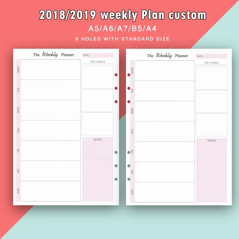 A5 weekly schedule page custom, 6 rings refill pages for planner, insert paper custom