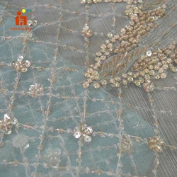 HLSD176 Luxury Tulle Lace Fabric Sequin Embroidery Beaded Lace Fabric On Polyester Mesh With Embroidery