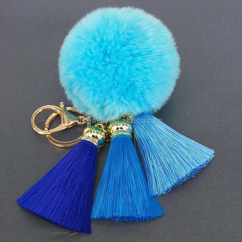 Stock Wholesale Colorful Korea Tassel Key chain With fur ball Pom Pom Key rings for lady