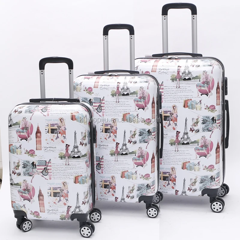 girls print 3pc Hardside 4 Wheels butterfly printed on suitcase spinner ABS PC print luggage sets